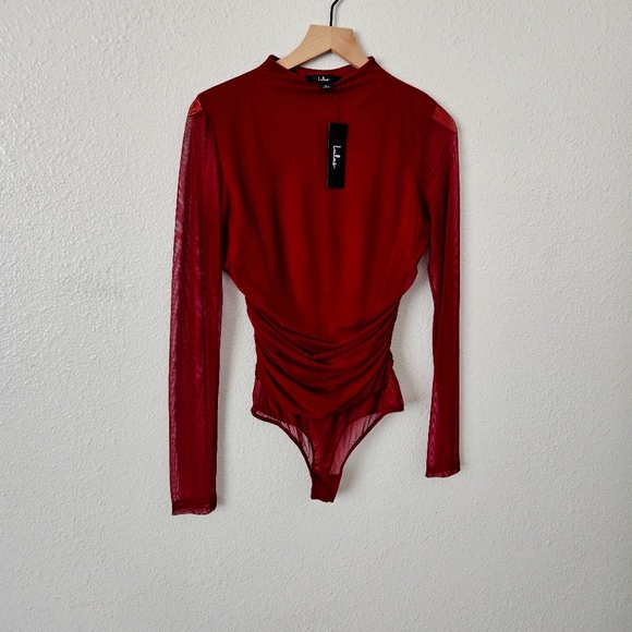 Long Sleeve Bodysuit LULU'S NWT Wine Red Ruched Mesh Sz:M Fall Minimalist A0001 - Picture 1 of 10